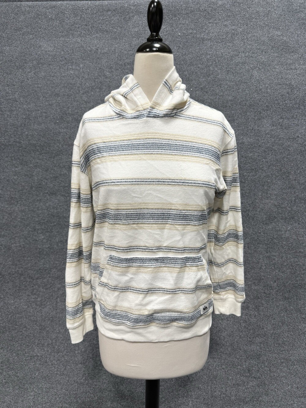 Quiksilver Youth XL 20 Striped Pullover Hoodie White Blue Kangaroo Pocket